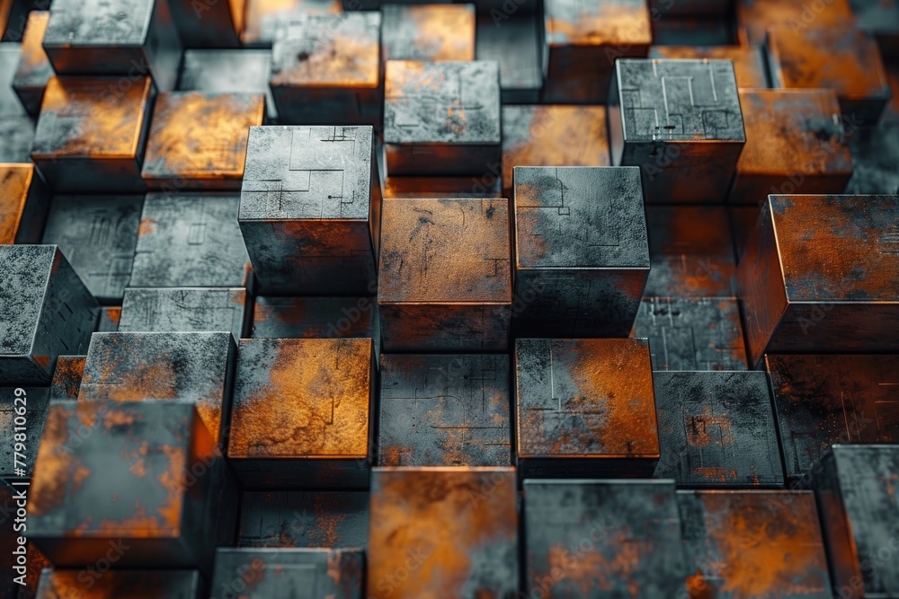 Poster An array of weathered, rusty metallic cubes in varied sizes creating a visually compelling abstract image