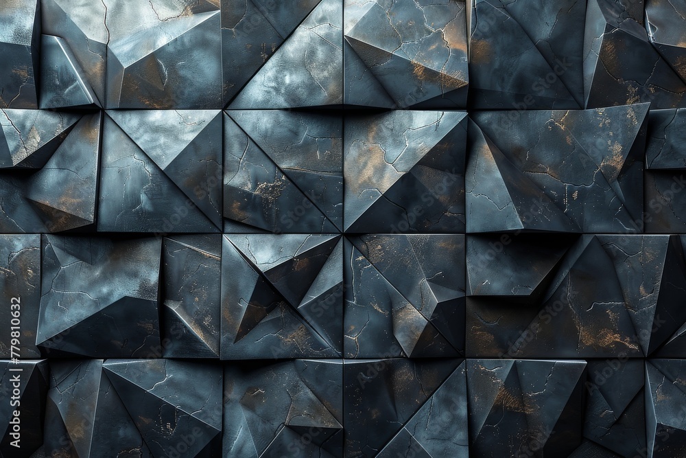Poster close-up view of blue geometric triangular shapes with a textured, golden vein detail forming an abs