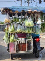 Vegetable hawker In the vending truck, there will be various types of vegetables and essential foods to hawk in the villages.Blurry picture of people