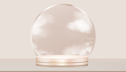 Beige background,Studio room background with 3d podium base display stand,white fluffy cloud on cream tone,Vector Backdrop minimal platform stage circle mockup for beauty,cosmetic product present