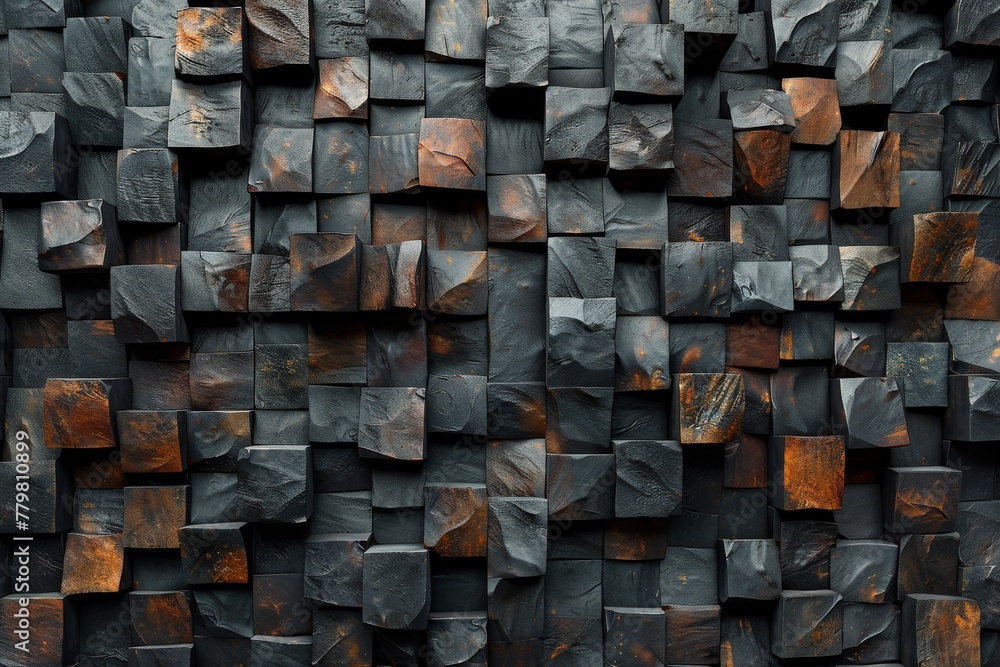 Poster an image showing a dark wall adorned with a complex pattern of geometric cubes, emphasizing contrast