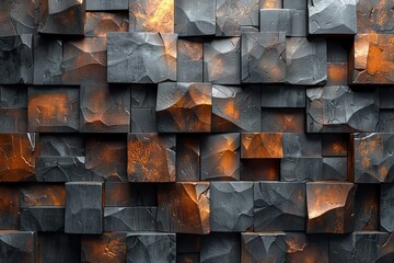 This image features an intricate arrangement of metal cubes with rusted textures, creating a striking and rugged visual display