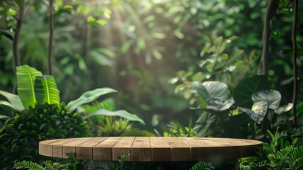 a serene wooden platform nestled within an enchanted forest clearing. Surrounded by lush greenery and dappled sunlight filtering through the dense canopy above.