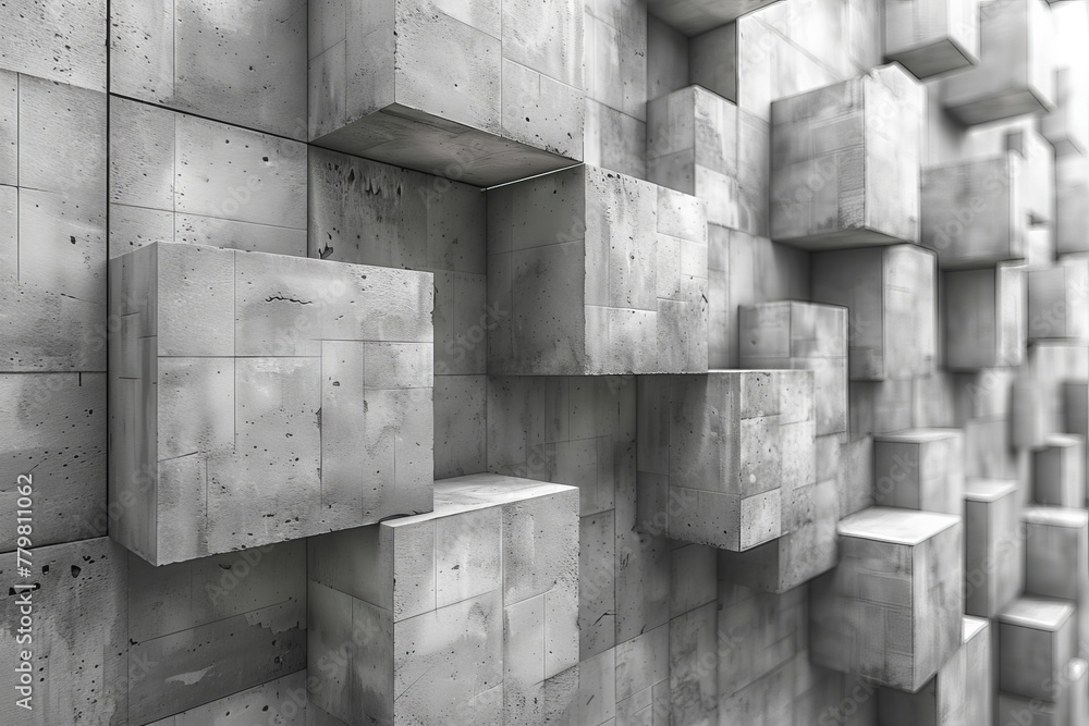 Poster monochromatic image of an abstract wall with protruding cubic elements, creating a sense of depth