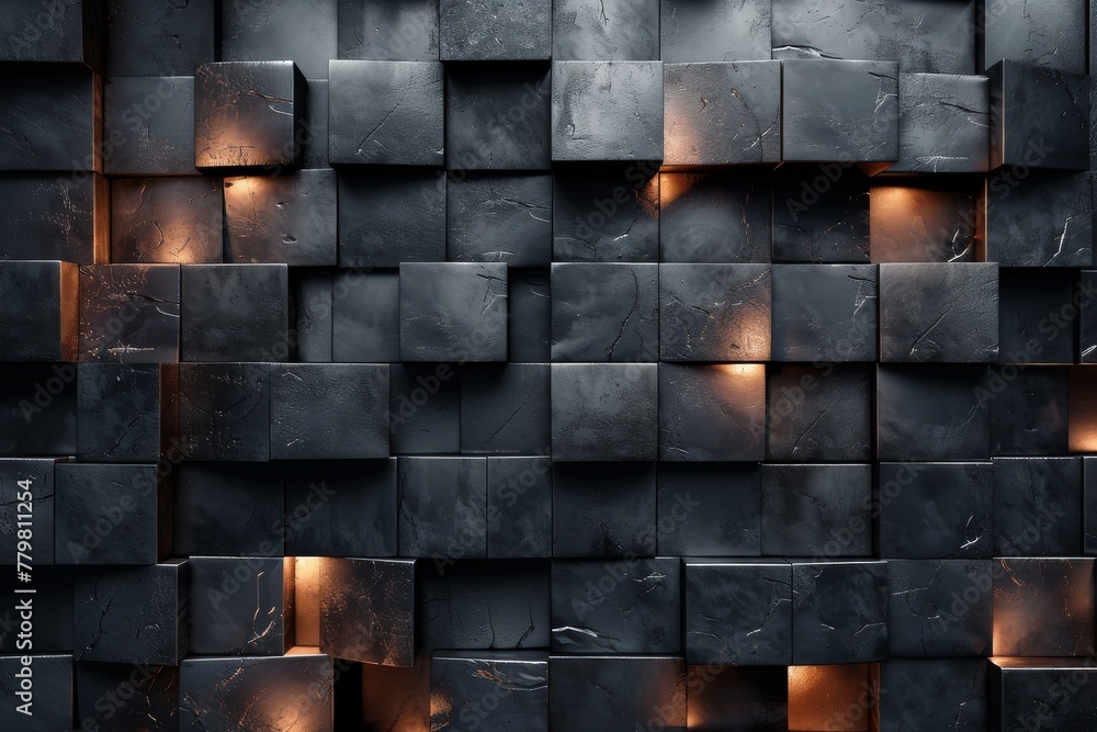 Poster dark-themed image showcasing a 3d pattern of black squares with intermittent golden highlights creat