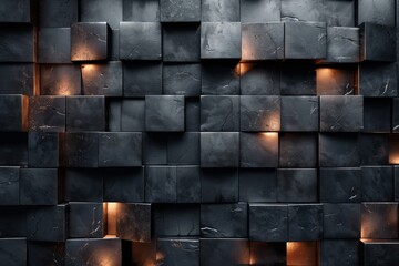 Dark-themed image showcasing a 3D pattern of black squares with intermittent golden highlights creating a luxurious look
