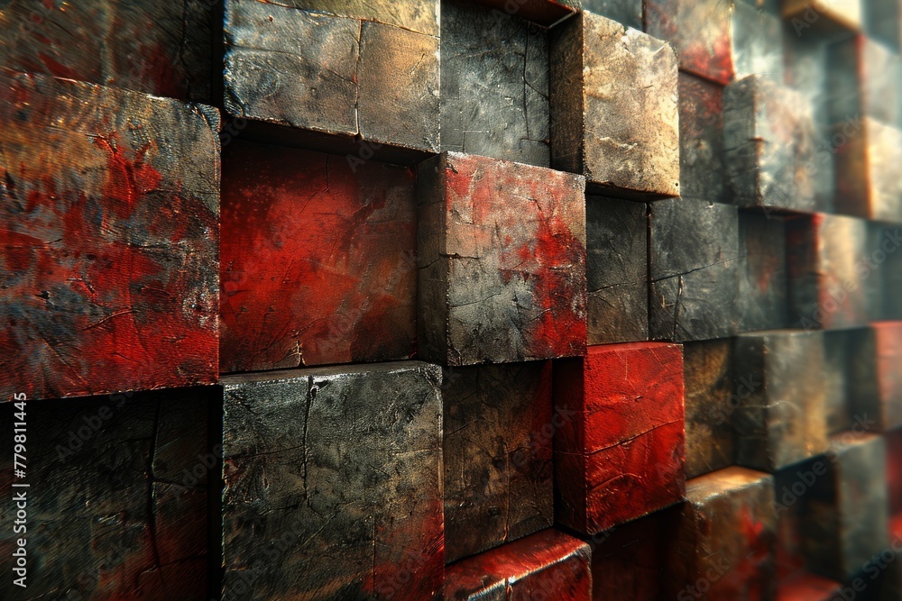 Poster a vivid and artistic depiction of 3d cubes with textured details emphasizing contrast and depth