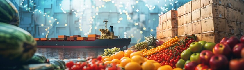 A ship and a plane carrying food items against a world map background - obrazy, fototapety, plakaty