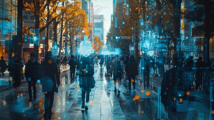 An elevated security camera captures surveillance footage of bustling city pedestrians amidst glowing digital overlays. - obrazy, fototapety, plakaty