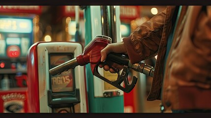 Close up of A man's hand is holding a gas dispenser - obrazy, fototapety, plakaty