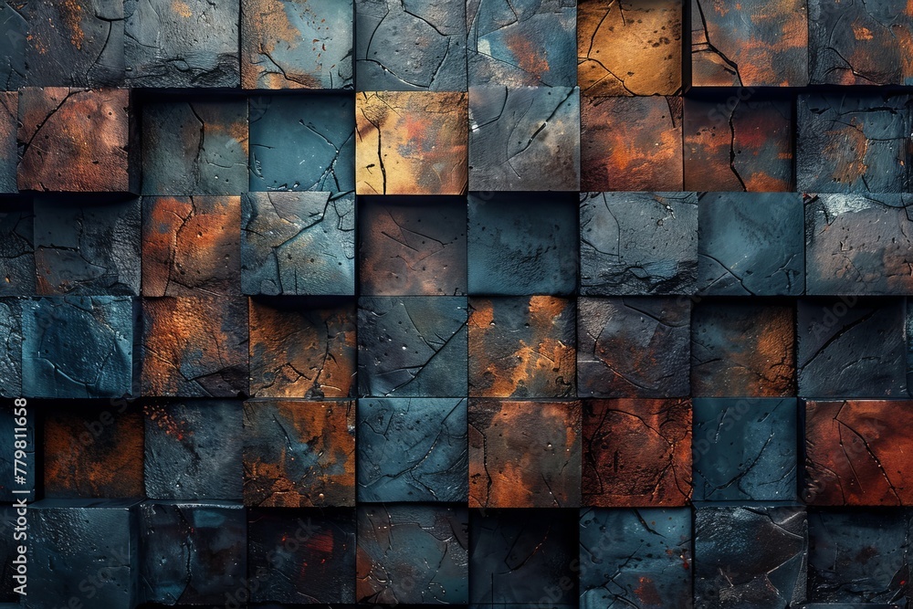 Poster this image captures the detailed texture and colors of rusted metal tiles, showcasing a blend of ora
