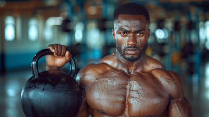 Fototapeta na wymiar Handsome, muscular black man focused on fitness training with a heavy kettlebell in a home gym setting, showing strength and determination.