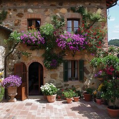 old house with flowers garden concept European houses france