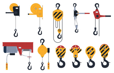 Mechanical and electric winches. Industrial lifting equipment. Yellow crane, hook. Vector illustration