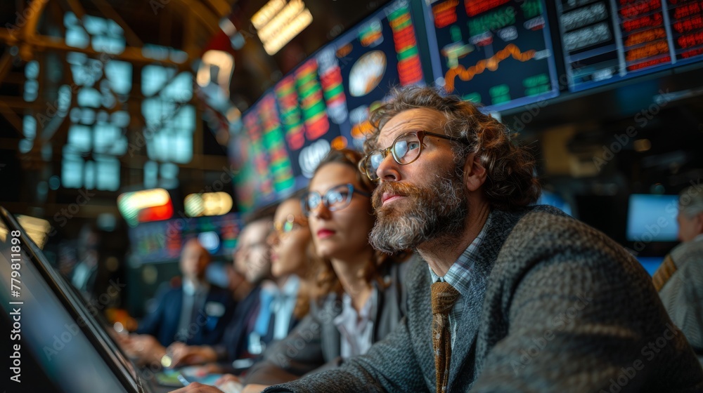 Poster focused group of professional traders analyzing real-time stock market data on computer monitors in 