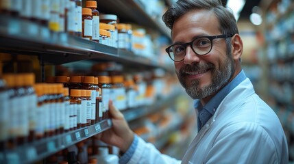 Portrait of a cheerful male pharmacist with glasses selecting medication on pharmacy shelves, conveying professionalism and trust. - Powered by Adobe