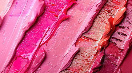 Close-up of textured, vibrant pink and red lipstick smudges that blend to create a beautiful, abstract pattern