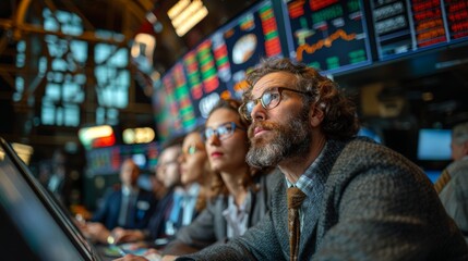 Focused group of professional traders analyzing real-time stock market data on computer monitors in a trading room.