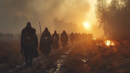 Cinematic portrayal of Viking warriors advancing at dawn through a misty, sunlit field with shields and spears, invoking a sense of historical drama.