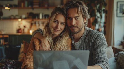 Happy, attractive couple embracing and looking at the camera while using a laptop together at home, managing their finances or shopping online.