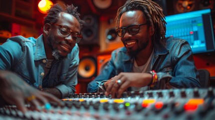 Two stylish african american music producers work on a mixing console in a modern recording studio, surrounded by high fidelity equipment.