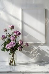 a blank frame in an elegant room with purple ocean song roses