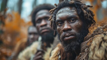 Portrait of tribal hunter-gatherers wearing animal skins, depicting traditional lifestyle and ancestral heritage in a natural forest environment.