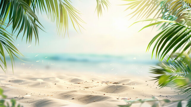 The serene beach scene peeks through lush palm branches under the bright summer sun