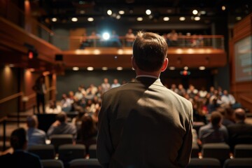 A suited businessman delivering a presentation in a conference room, audience in view, corporate event setting.