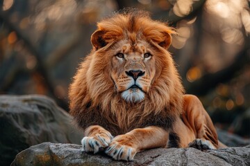A captivating close-up shot of a powerful lion resting with a warm sunset light illuminating its mane and features