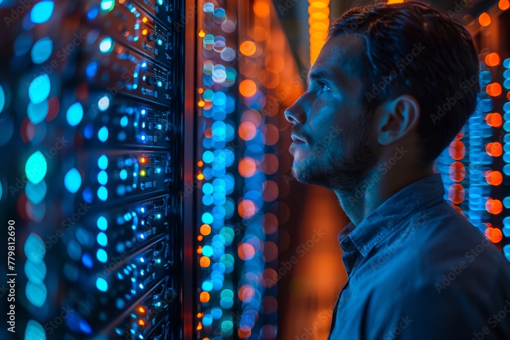 Poster this image shows a technician focused on the management of modern data center server racks with a va