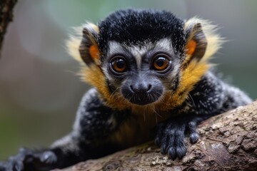 Obraz premium A vibrant photograph of a lemur with striking black and yellow fur, clinging onto a tree branch, showcasing wildlife in its natural habitat