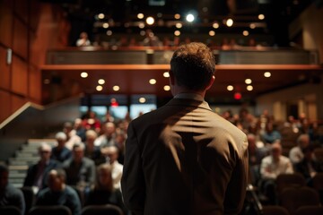 Back view of a business professional speaking at a podium in a conference hall, with attentive audience members in soft focus. - obrazy, fototapety, plakaty