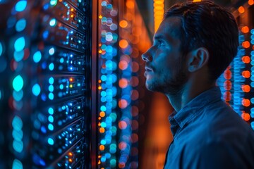 This image shows a technician focused on the management of modern data center server racks with a variety of colorful lights - obrazy, fototapety, plakaty