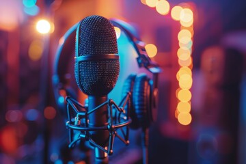 Professional microphone studio podcast stream interview platform radio with micrecording voice singing in bright record studio audio quality equipment content music media entertainment - obrazy, fototapety, plakaty