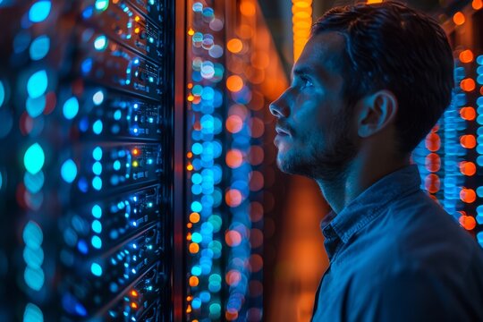 This image shows a technician focused on the management of modern data center server racks with a variety of colorful lights