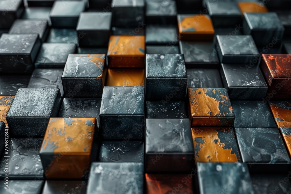 Poster a visually engaging image featuring an array of cubes in various colors with a metallic texture, emp