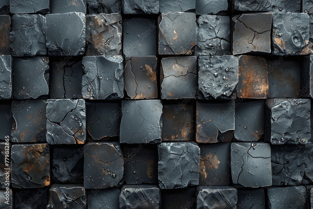 Poster high-resolution image showcasing a grid of rough-textured, black stone cubes, symbolizing solidity a