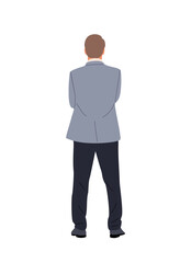 Businessman character standing in confident pose back view. Handsome business man in formal suit with his arms crossed rear view. Vector realistic colorful illustration on transparent background.