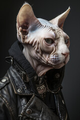 Edgy Sphynx Cat Hybrid Portrait in Leather
