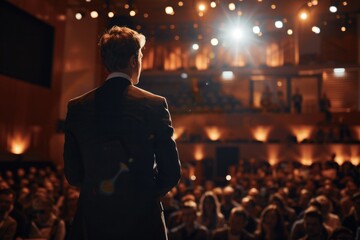 Back view of a male speaker addressing a large audience in a well-lit conference hall, evoking leadership and communication.