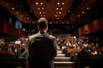 Rear view of a confident businessman speaking at a corporate event in a lecture hall, engaging with a diverse audience.