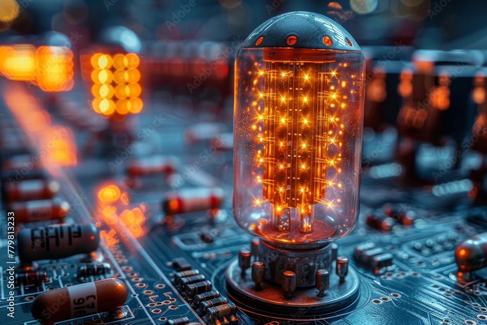 Poster an illuminated filament inside a transparent bulb showcases high-tech electronics and innovation