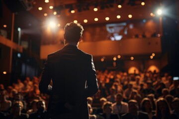 Obraz premium Back view of a male speaker addressing an attentive audience in a large conference hall, conveying leadership and confidence.