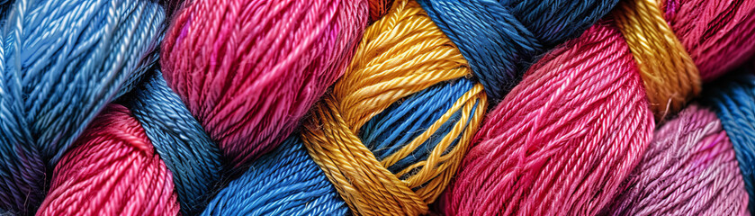 A bunch of colorful yarns are tied together - obrazy, fototapety, plakaty
