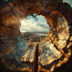 , wooden, polished, zooming in on a distant landmass, clear skies, detailed photography, lens flare - obrazy, fototapety, plakaty