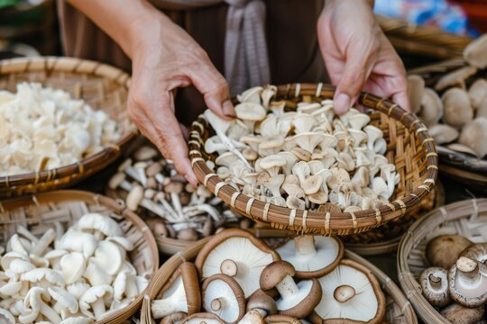 Capture images of traditional medicine practitioners or herbalists using medical mushrooms in various forms 
