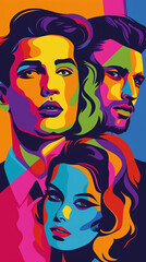 A colorful painting of three men and two women