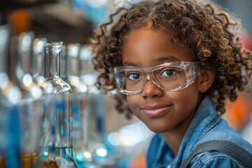 A girl with a big smile and safety goggles stands before science lab apparatus, suggesting a love for learning