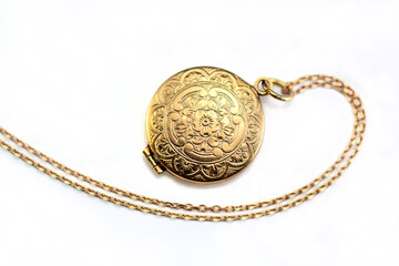 Antique Victorian Ornate Floral Charm Round Photo Locket Pendant Necklace, 18Ct Yellow Filled